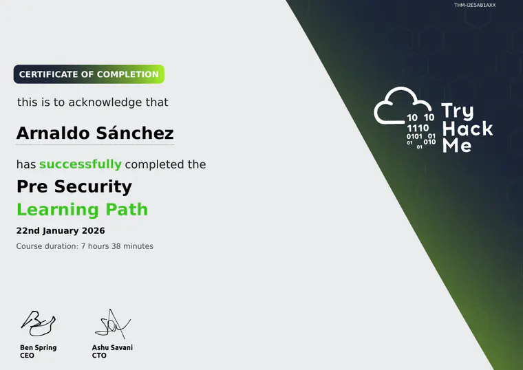 Certificado de Pre Security Learning Path, emitido por TryHackMe