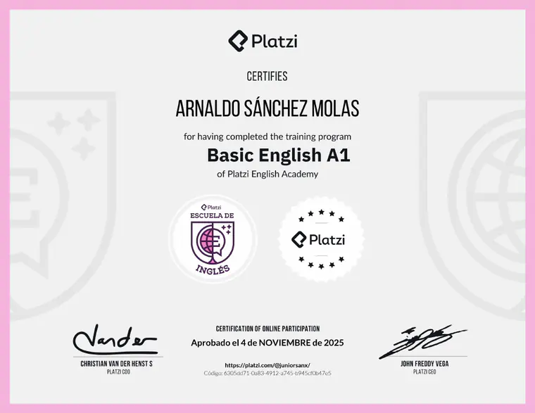 Certificado de Basic English A1, emitido por Platzi English Academy