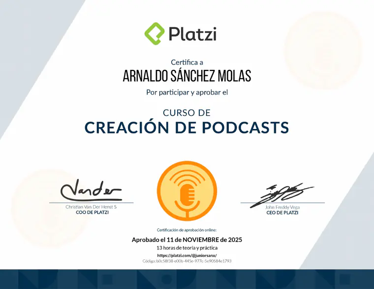 Certificado de Creación de podcasts, emitido por Platzi