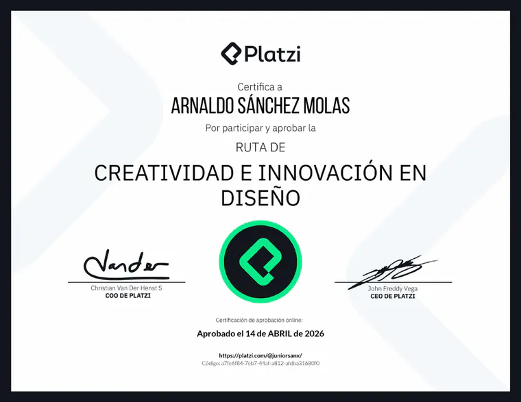 Certificado de Creatividad e innovación en diseño, emitido por Platzi