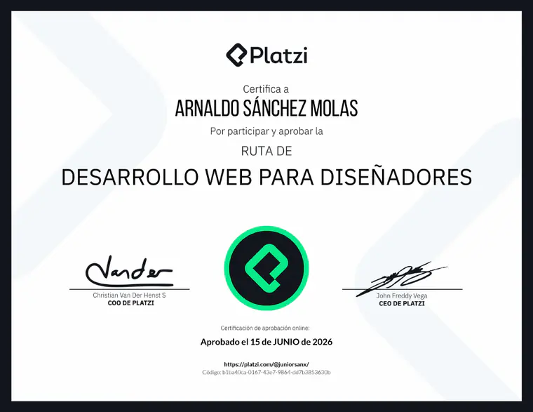 Certificado de Desarrollo web para diseñadores, emitido por Platzi