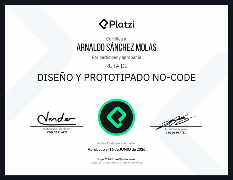 Certificado de Diseño y prototipado no-code, emitido por Platzi