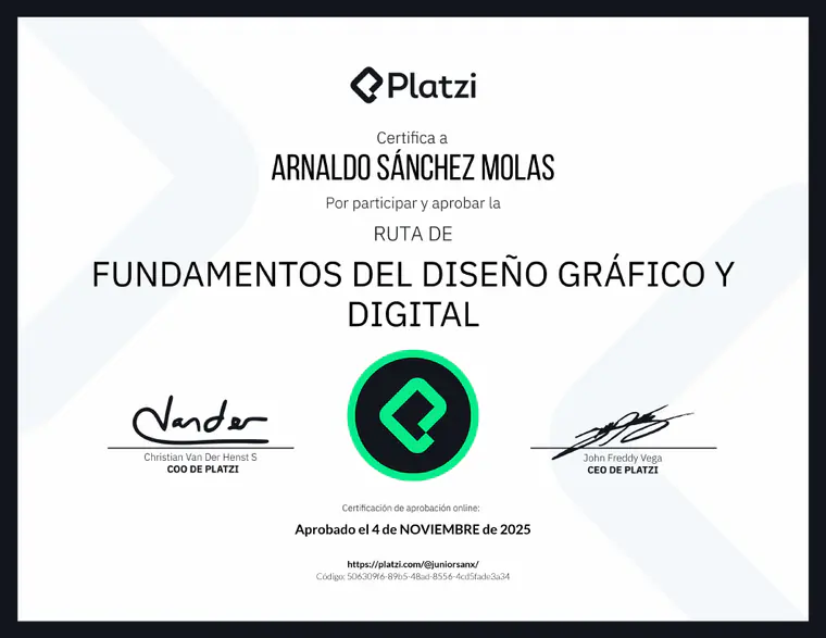 Certificado de Fundamentos del diseño gráfico y digital, emitido por Platzi