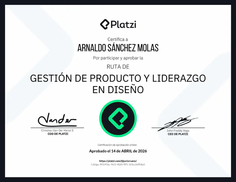Certificado de Gestión de producto y liderazgo en diseño, emitido por Platzi