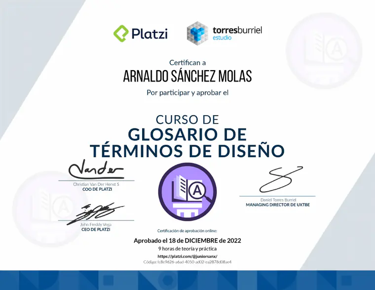Certificado de Glosario de términos de diseño, emitido por Platzi