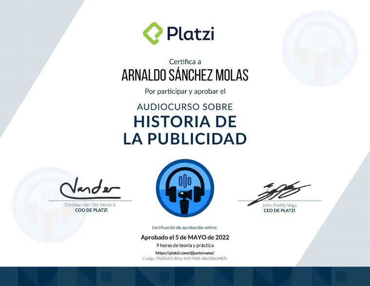 Certificado de Historia de la publicidad, emitido por Platzi