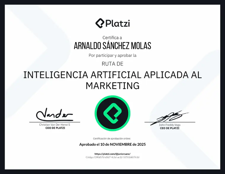 Certificado de Inteligencia artificial aplicada al marketing, emitido por Platzi