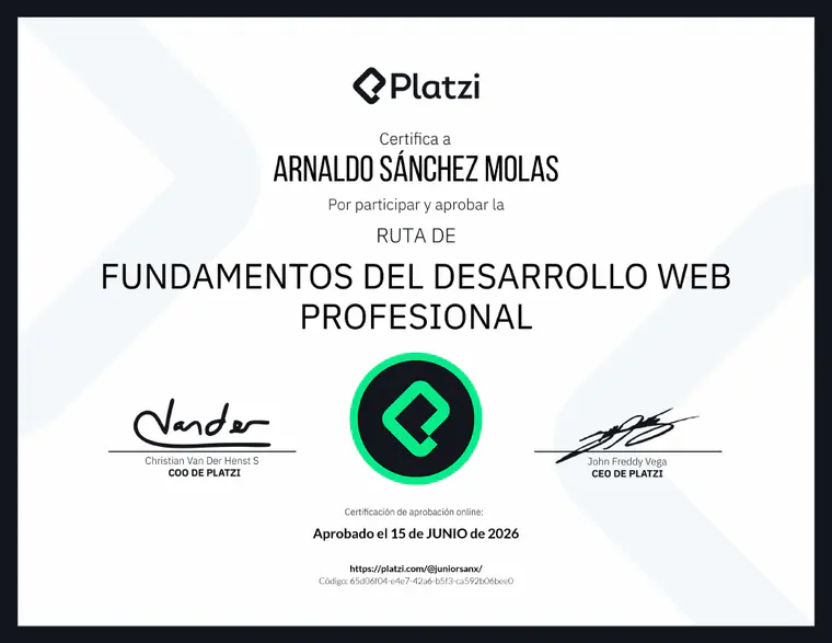 Certificado de Fundamentos del desarrollo web profesional, emitido por Platzi