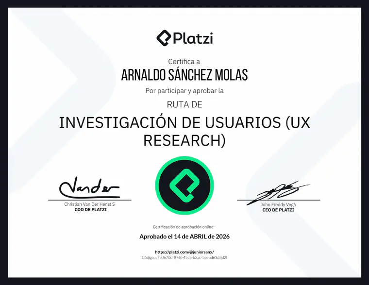 Certificado de Investigación de usuarios, UX Research, emitido por Platzi