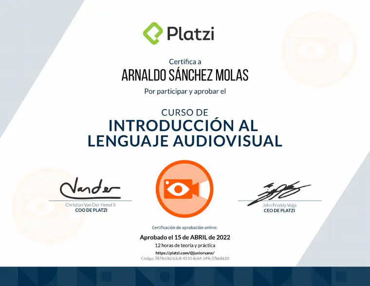 Certificado de Introducción al lenguaje audiovisual, emitido por Platzi