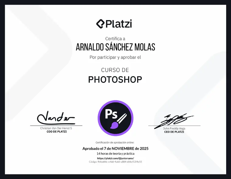 Certificado de Photoshop, emitido por Platzi