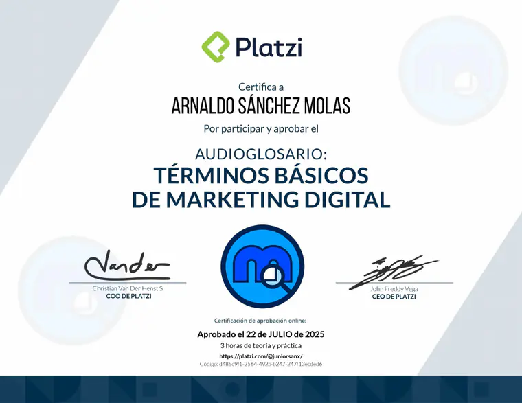 Certificado de Términos básicos de marketing digital, emitido por Platzi